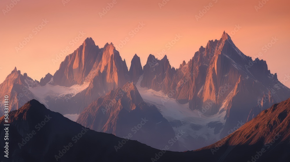 A serene sunset over a mountain range with warm, golden tones illuminating the peaks