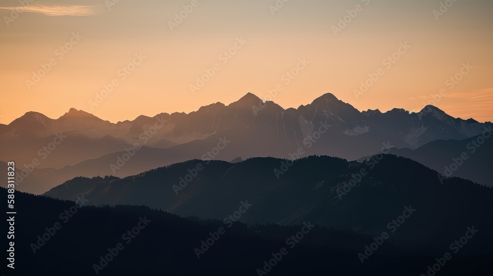 Fototapeta premium A serene sunset over a mountain range with warm, golden tones illuminating the peaks