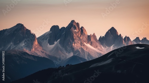 A serene sunset over a mountain range with warm, golden tones illuminating the peaks