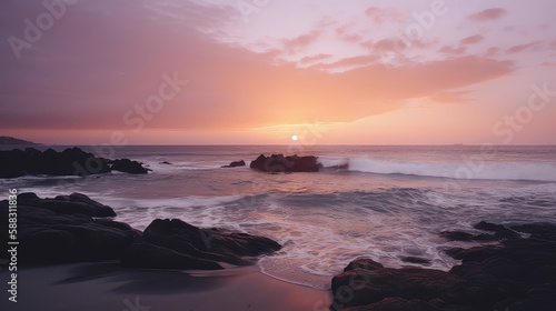 A dramatic sunset over the ocean with orange, pink, and purple hues reflecting on the water