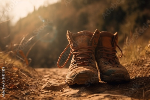 Worn out hiker shoes on a dusty mountain path or trail. Mountain and nature hiking adventure. Trekking shoes for outdoor trail. Ai generated