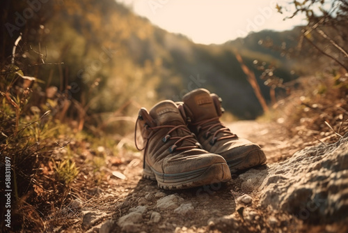 Worn out hiker shoes on a dusty mountain path or trail. Mountain and nature hiking adventure. Trekking shoes for outdoor trail. Ai generated