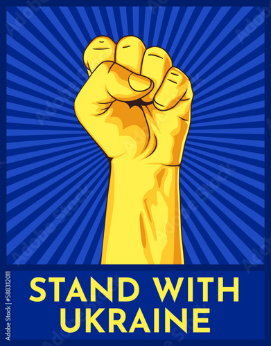 Human fist graphics in Ukraine flag colors. Concept of resistance. Stop war between Russia and Ukraine. Solidarity with Ukraine. Stand with Ukraine.