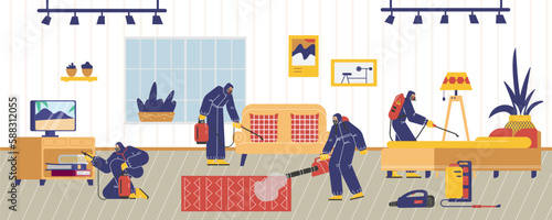 Pest control disinfectors treat room with chemicals, flat vector illustration.