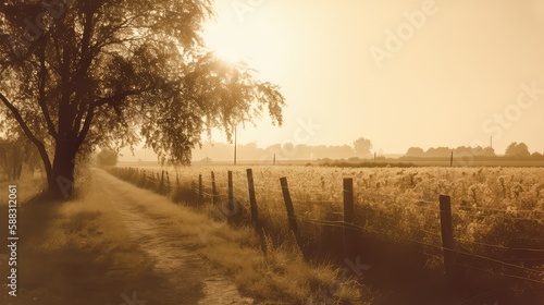 A dreamy sunset over a rural landscape with warm oranges and yellows, captured with a vintage lens 