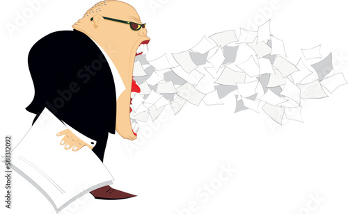 Angry boss. 
Shouting angry chief. A lot of papers flying away from the mouth of the man. Concept.
