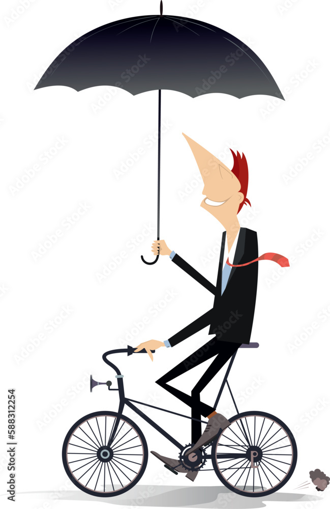 Young man with umbrella rides a bike under the rain. 
Windy and rainy day and young man with umbrella rides on a bike 
