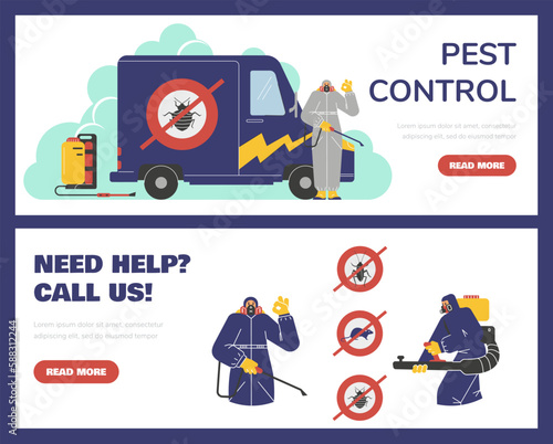 Pest control advertising horizontal banners collection flat vector illustration.
