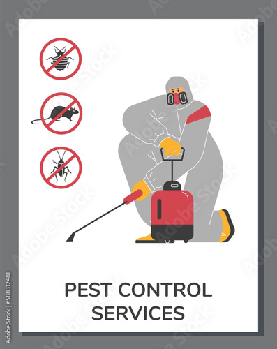 Pest control service worker with insects extermination tool, poster template - flat vector illustration.