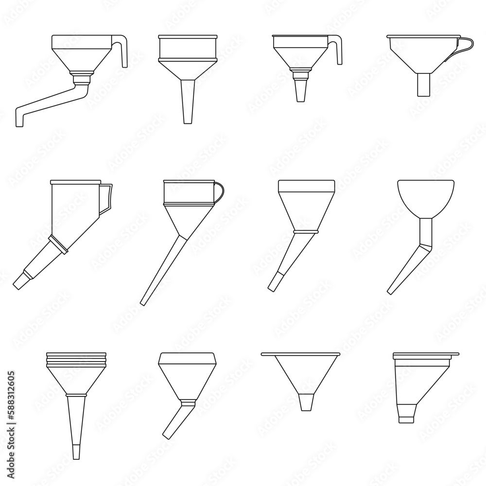 Funnel linear icons set. Funnel for gasoline and other liquids. Car watering can icon. Vector illustration. Funnel linear icons set. Funnel for gasoline and other liquids. Car watering can icon. Vector illustration.