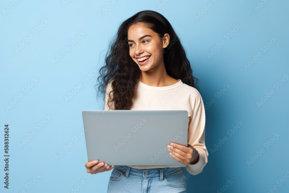 Young happy latin woman using portable device isolated on blue background. Generative AI Young happy latin woman using portable device isolated on blue background. Generative AI