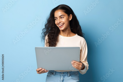 Young happy latin woman using portable device isolated on blue background. Generative AI photo