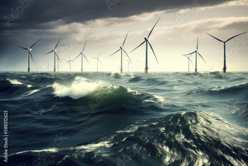 Wind turbines in the rough sea. Generative AI