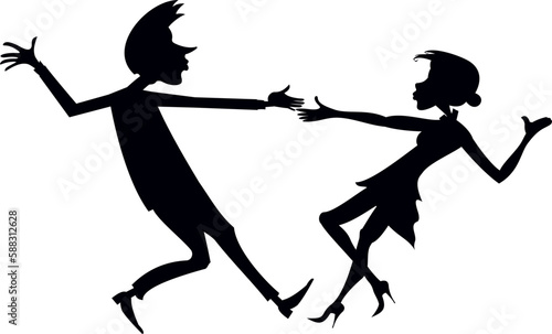 Romantic dancing young couple. Art silhouette. 
Funny dancing young man and woman. Black and white
