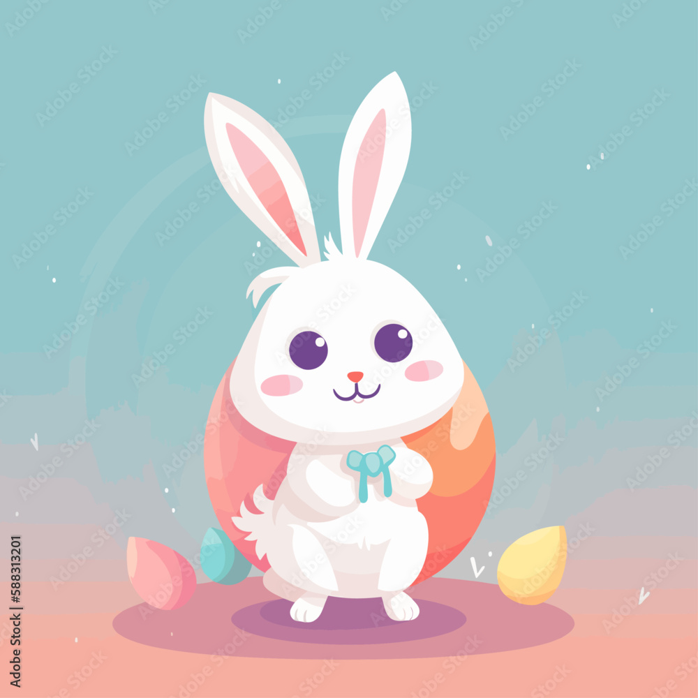 Obraz premium Cute easter bunny with Easter egg. Holiday colorful vector illustration in pastel colors