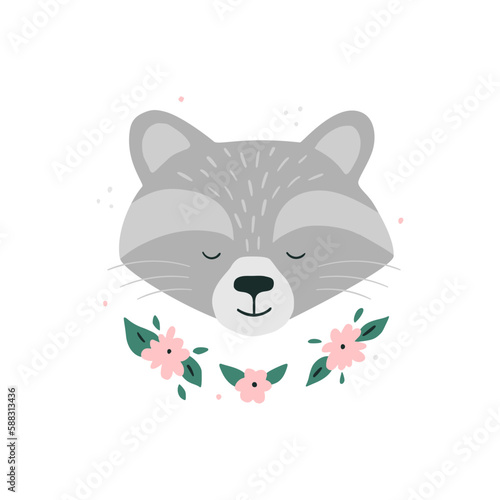 Cute Hand Drawn racoon. Print with grey racoon. Head With Flowers on a White Background. Nursery Art, kids design. Infantile Style. Cartoon Vector Illustration for Wall Art, Baby Card.
