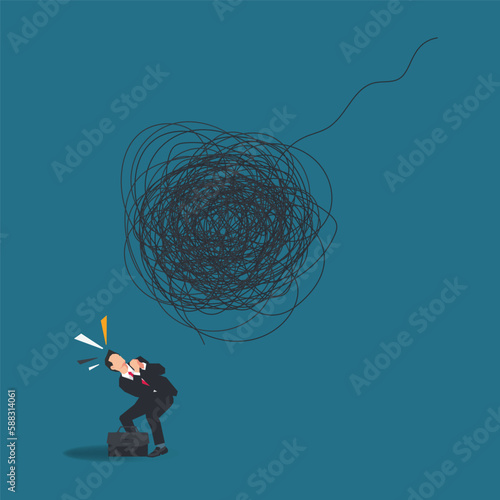 Startled businessman looking at big scribble roll. Businessman with many problems vector illustration