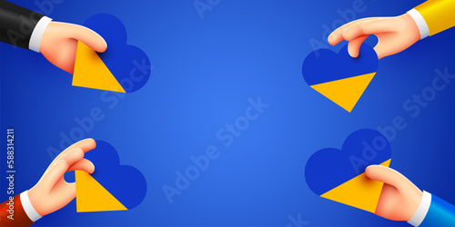 3d hands holding hearts with Ukrainian national flag. Stand with Ukraine.