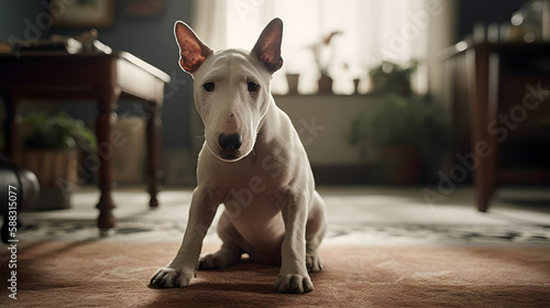 Miniature Bull Terrier in the room. Generative AI photo