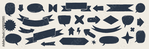 Retro flag and ribbon banners. Hand drawn vintage textured badges, banner, ribbon, flag, and other design elements. Hand-drawn infographic Vector collection.