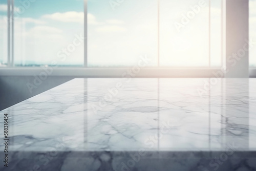White Marble Table Counter Top  Podium Pedestal  Abstract Living Room Space Background in Interior. Product Mock up Display  Back Drop. Generative AI.