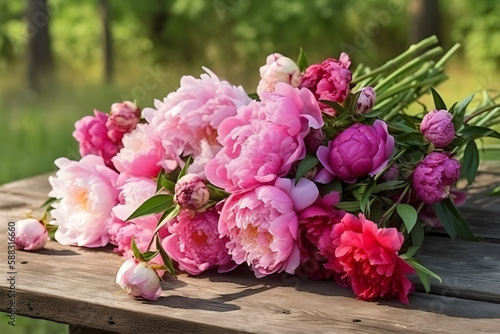 Fototapeta Naklejka Na Ścianę i Meble -  Close up of flowers peonies in pink color. Beautiful freshly cut bouquet lies on the light table, generative AI