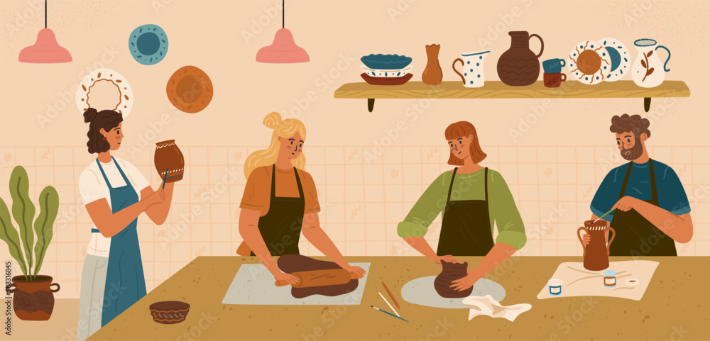 Men and women making ceramic jugs and pots at pottery workshop. People enjoying their craft hobby. Clay handicraft workshop vector illustration - obrazy, fototapety, plakaty 