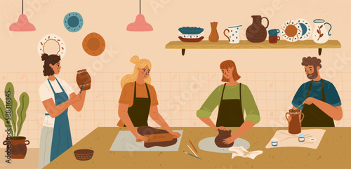 Men and women making ceramic jugs and pots at pottery workshop. People enjoying their craft hobby. Clay handicraft workshop vector illustration