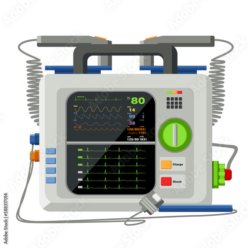medical equipment defibrillator modern design Complete vital signs display, portable electronic device that automatically diagnosis life-threatening cardiac arrhythmias. Life Support or Resuscitation