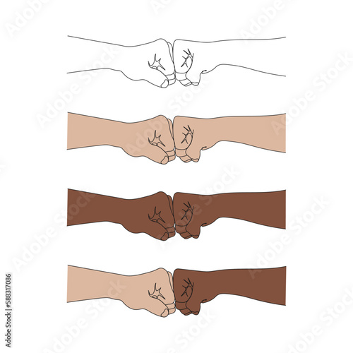 Two hands giving a fist bump. Pose and gesturing. Concept of teamwork, partnership, friendship. One line vector illustration.