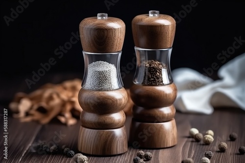  a couple of salt and pepper mills sitting on top of a wooden table next to a pile of pepper mill and pepper grinder shells.  generative ai photo
