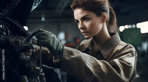 A female mechanic in coveralls, holding a wrench and working on a car engine Generated with AI © Анастасия Каргаполов