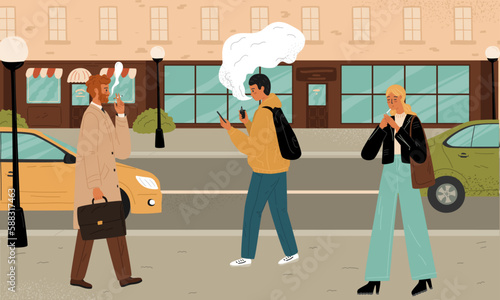 People walk on a street and smoke cigarettes vector illustration. Teen guy smokes vape. Smoking characters