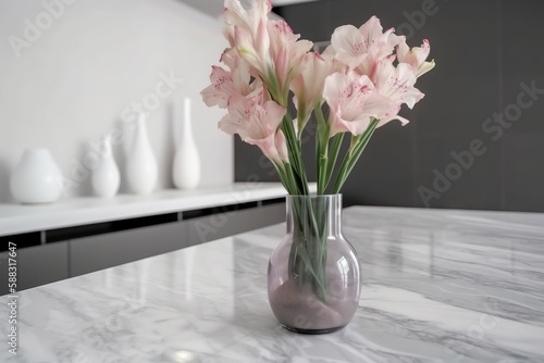  a vase filled with pink flowers sitting on top of a table next to a shelf of white vases on top of a marble counter. generative ai