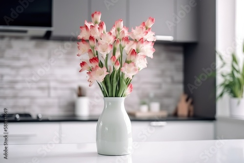  a white vase filled with pink flowers on a counter top next to a kitchen sink and a microwave in the back ground of the room. generative ai