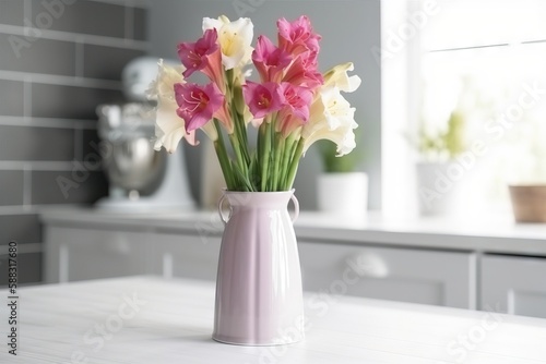  a white vase filled with pink and white flowers on top of a white counter top next to a kitchen sink and a counter top with a window. generative ai