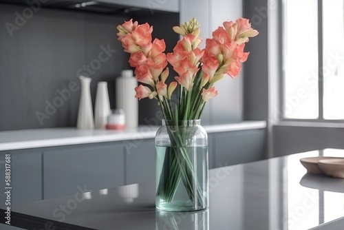 a glass vase filled with pink flowers on top of a counter top next to a sink and a window with light coming through the windows. generative ai