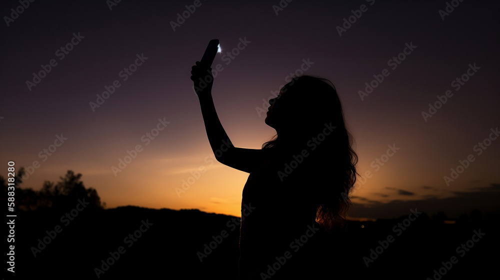Woman silhouette holding up a bright. Generative AI.