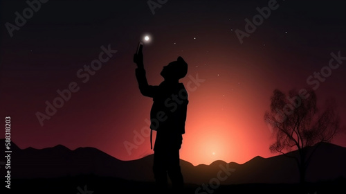 Man silhouette holding up a bright mobile phone. Generative AI.