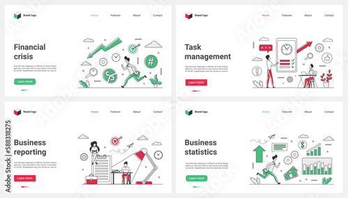Business management, financial crisis, statistics and report set vector illustration. Cartoon tiny people research chart presentation about inflation, economy crash and money loss, work with analytics