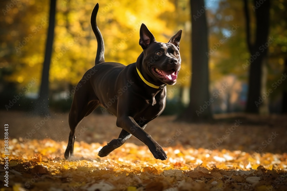 A sturdy black pit bull pet dog plays in the park. AI-generated images A sturdy black pit bull pet dog plays in the park. AI-generated images