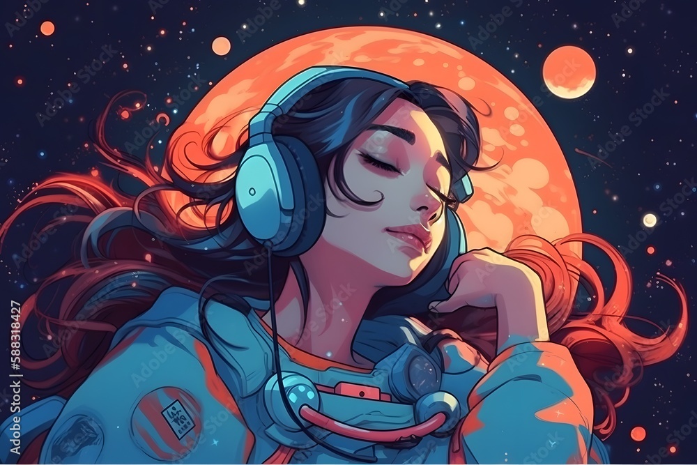 Beautiful cute anime girl floating in space, listening to music in her ...