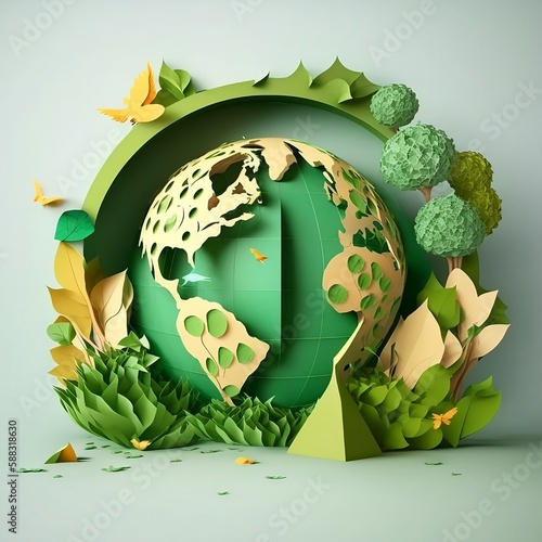 Abstract background playfull world environment and Earth day concept with green globe, eco world environment day, paper art and craft style concept Fototapeta