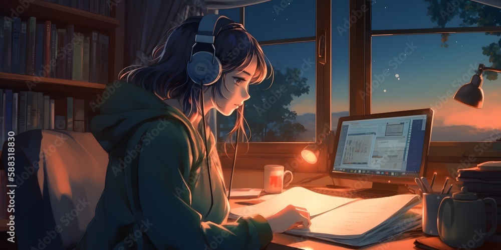 Cool Lofi Girl studying at her desk. Sunset outside, beautiful chill,  atmospheric wallpaper. 4K streaming background. lo-fi, hip-hop style. Anime  manga style. Generative ai. Stock Illustration | Adobe Stock