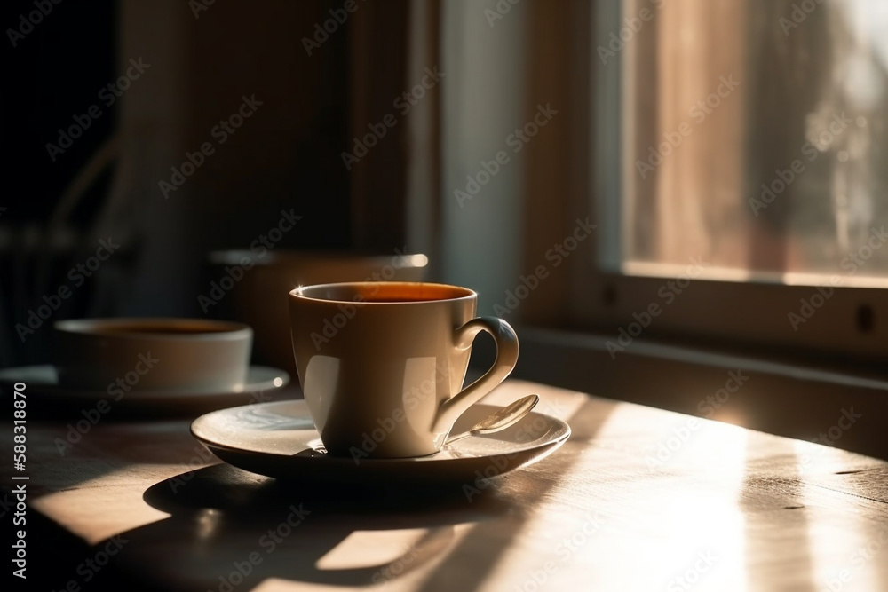 Hot cup of morning coffee near a window in a coffee shop. Cozy relaxing environment to enjoy an espresso. Indoors caffeine drinking. Ai generated Hot cup of morning coffee near a window in a coffee shop. Cozy relaxing environment to enjoy an espresso. Indoors caffeine drinking. Ai generated