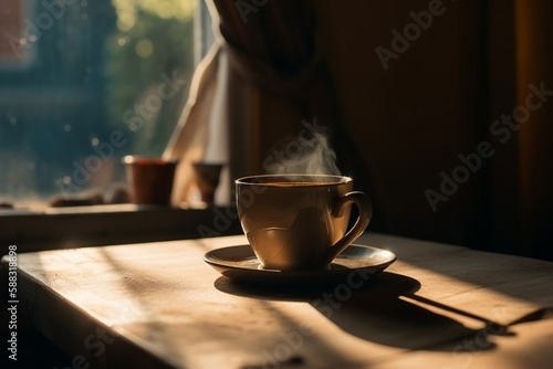 Hot cup of morning coffee near a window in a coffee shop. Cozy relaxing environment to enjoy an espresso. Indoors caffeine drinking. Ai generated