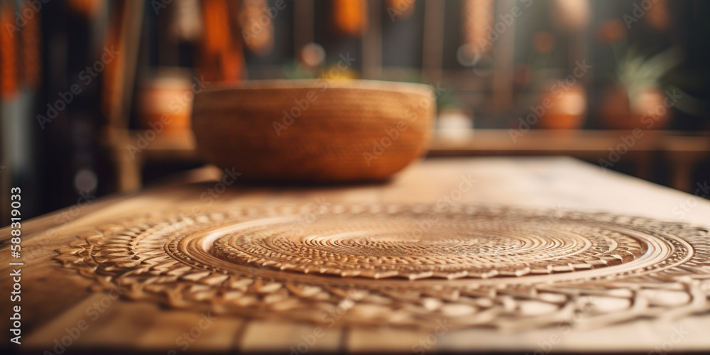 Rustic Wooden Table Counter Top, Podium Pedestal, Abstract Living Room Space Background in Interior. Product Mock up Display, Back Drop. Generative AI.
