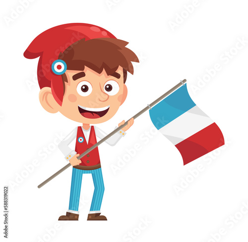 Jeune homme en costume de la révolution française tenant le drapeau de la France. Un garçon habillé en révolutionnaire. Vive la France !