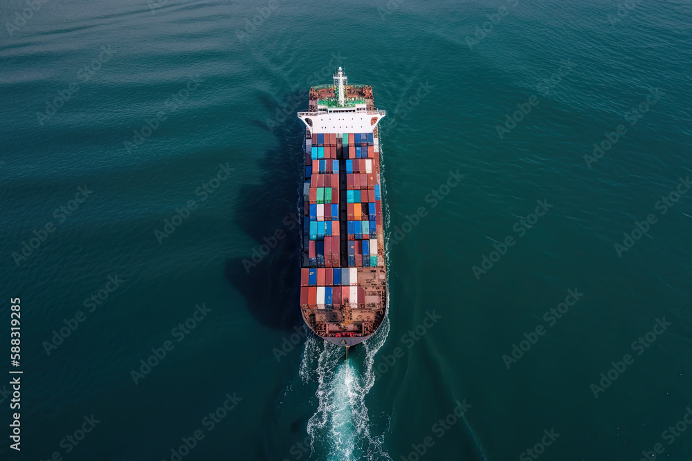 Container ship carrying container in sea, aerial view. Cargo maritime ship. Logistic concept. Created with Generative AI