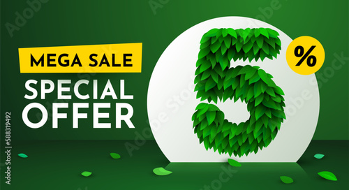 5 percent Off. Discount creative composition. Sale brochure with font made from leaves. Sale banner and poster.